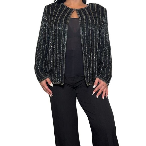 Adrianna Papell Boutique Jackets & Blazers - Vintage Papelle Boutique black and silver silk Beaded Evening Jacket size XL